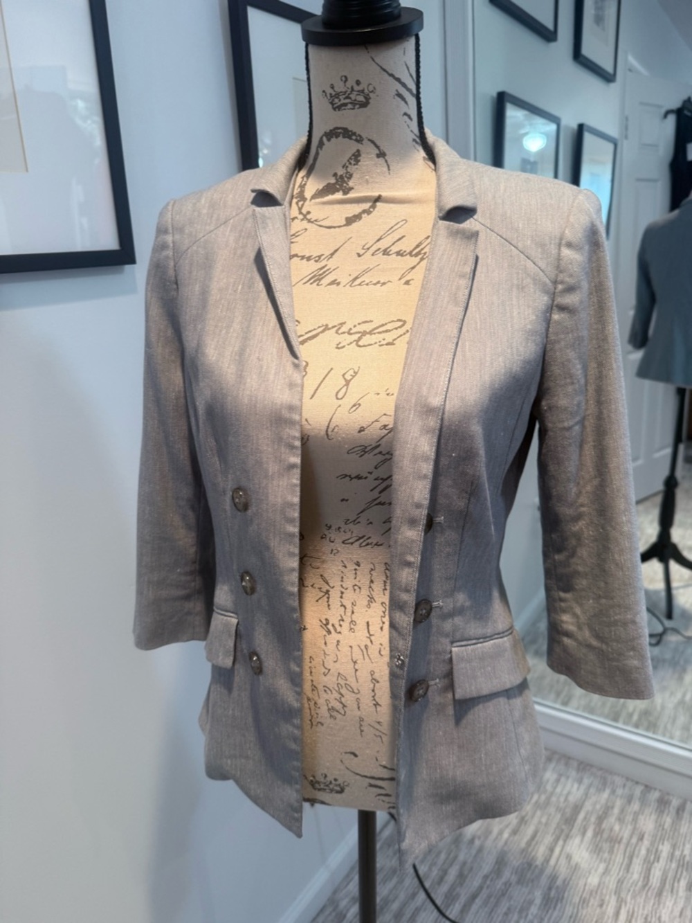 White House Black Market Light Gray Double-Breasted Linen-Blend Blazer